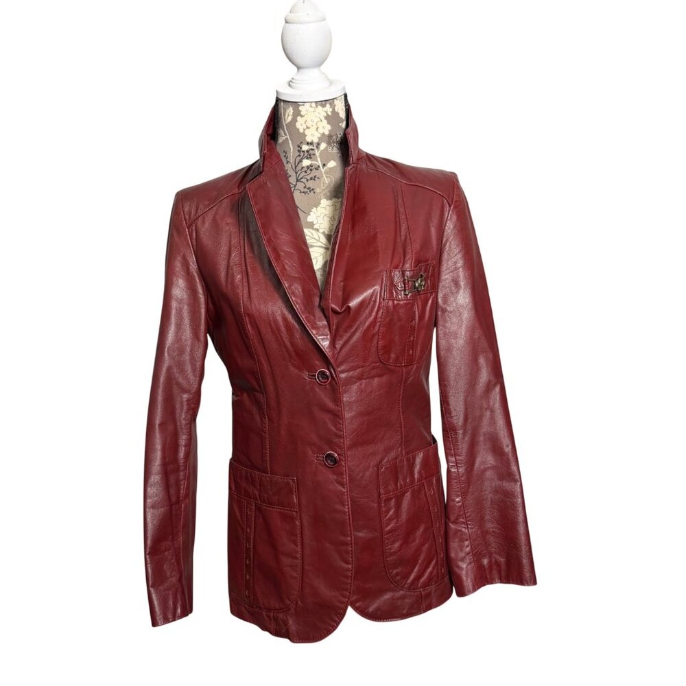 Vintage 70s ETIENNE AIGNER Womens Oxblood Leather Jacket Blazer Button Logo FLAW
